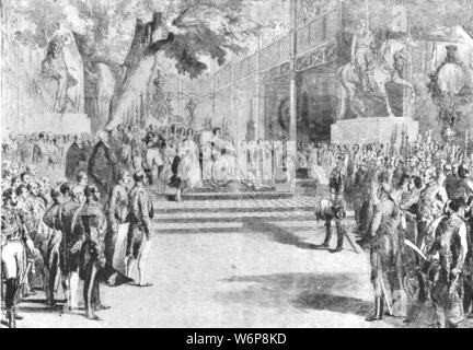 "Le Crystal Palace, Hyde Park, 1851 : inauguré par la reine Victoria, mai 1', (1901). La reine Victoria (1819-1901) l'ouverture de la grande exposition de l'objet-construit le Palais de Cristal à Hyde Park. Conçu par son époux, le Prince Albert, l'exposition avait pour but de mettre en valeur les Œuvres de 'l'industrie de toutes les nations". Le Crystal Palace a été la première étude à grande échelle en ferrovitreous (fer et verre) structure, et a été conçu par le paysagiste, Joseph Paxton. La conception fait la construction préfabriquée, et plus tard le démantèlement de l'édifice, plus facile et plus rapide. Il y avait l'ove Banque D'Images