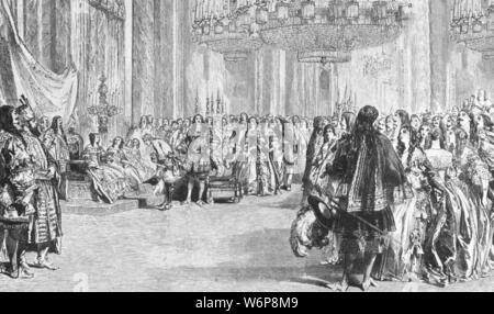 La Reine Victoria 'Bal costumé de restauration au palais de Buckingham, le 6 juin 1845', (1901). Fancy dress party, avec des costumes de la période (1660-fin des années 1680), tenu par Victoria (1819-1901) au Palais de Buckingham à Londres. "De l'Illustrated London News Record de la glorieuse époque de la reine Victoria 1837-1901 : la vie et l'accession du roi Édouard VII et la vie de la Reine Alexandra". [Londres, 1901] Banque D'Images