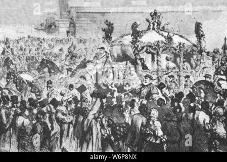 'La Procession à Westminster, le 31 janvier 1856', (1901). La reine Victoria (1819-1901) qui voyagent en autobus jusqu'à l'état les chambres du Parlement à Londres.de "l'Illustrated London News Record de la glorieuse époque de la reine Victoria 1837-1901 : la vie et l'accession du roi Édouard VII et la vie de la Reine Alexandra". [Londres, 1901] Banque D'Images