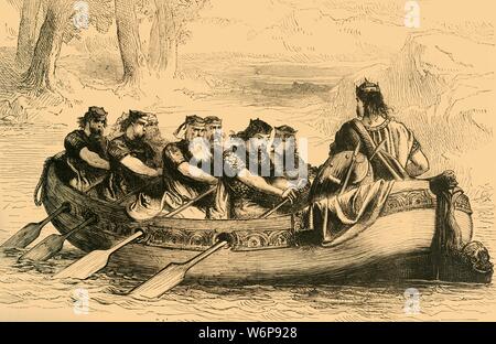 'Edgar le Pacifique étant ramé sur la rivière Dee par huit Princes' affluent, c1890. Edgar le paisible ( c943-975). La légende l'a, après son couronnement, huit rois y compris Kenneth II d'Écosse et Mael Coluim, roi de Strathclyde ont prêté allégeance et a pris à les avirons de son état barge sur le fleuve Dee près de Chester. À partir de "Cassell's Illustrated History of England". Banque D'Images