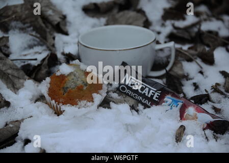 Tasse de Nescafé froid en hiver avec la neige tasse de café et gâteau pause par temps froid le café potable feuilles autour de Snowy White snow Nescafe Banque D'Images