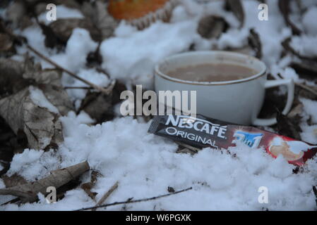 Tasse de Nescafé froid en hiver avec la neige tasse de café et gâteau pause par temps froid le café potable feuilles autour de Snowy White snow Nescafe Banque D'Images