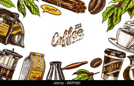 Les grains de café dans l'arrière-plan vintage style. Gravé à la main, croquis affiches rétro doodle. Tasse et inscription calligraphique. Modèles de bannière de vecteur. Illustration de Vecteur