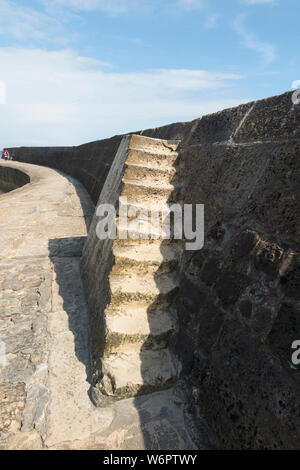 En regardant vers la fin de la Cobb, Lyme Regis et son port artificiel et de défense de la mer. Escaliers en pierre conduisent à la passerelle supérieure / marche. UK. (110) Banque D'Images