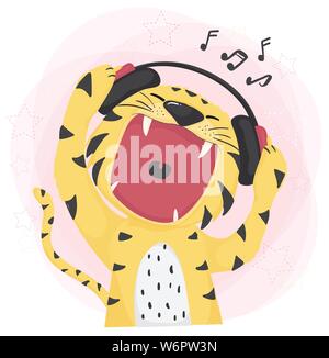 Télévision vector cute tiger ouvrir la bouche sauvage à l'écoute de musique et chant Illustration de Vecteur