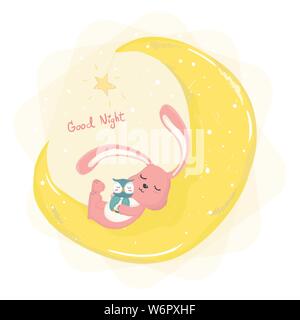 Cute bunny dormant sur cresent la lune avec cute owl télévision vector Illustration de Vecteur