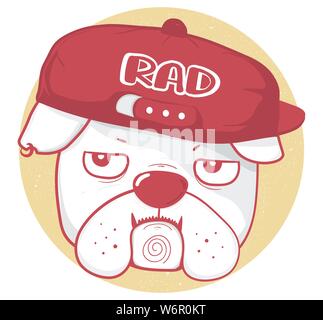 Visage de grincheux bulldog porter baseball cap avec RAD du texte et des dessins en couleur rouge contour style vintage, grande idée pour enfant, enfant, tshirt, vêtements de conception Illustration de Vecteur