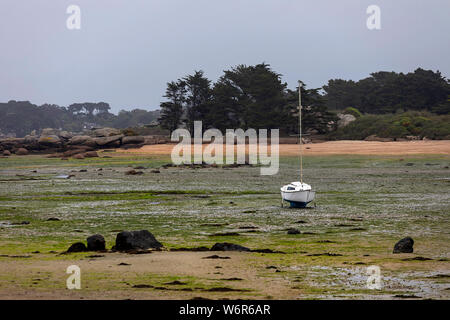 France, Bretagne, Côtes d'Armor, bateaux sur la terre ferme pendant la marée basse à la côte de granit rose à la Men Ruz phare de Ploumanach Banque D'Images