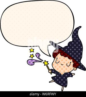 Cute cartoon witch casting sort avec bulle en style bande dessinée Illustration de Vecteur