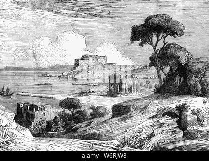 Un 19e siècle voir des ruines, de villas à Baiae, une ancienne ville romaine située sur la rive nord-ouest du golfe de Naples, et maintenant de la commune de Bacoli. C'est un resort, surtout vers la fin de la République Romaine, quand il a été considéré comme supérieur à Pompéi, Herculanum, Capri et par les super-riches qui ont construit des villas luxueuses ici à partir de 100 BC à 500 AD. Il était connu pour ses offres hédoniste et les rumeurs de corruption et de scandale. Banque D'Images