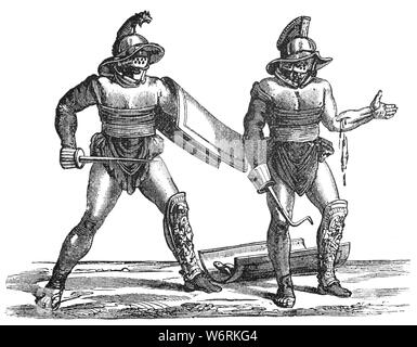 Gladiateurs romains étaient armés combattant qui diverti le public dans la République Romaine et Empire romain en affrontements violents avec les autres gladiateurs, animaux sauvages, et a condamné les criminels. Certains étaient volontaires, mais la plupart étaient des esclaves. Quelle que soit leur origine, aux gladiateurs offert aux spectateurs un exemple de Rome, éthique et martiale, dans la lutte contre la mort ou bien, ils pourraient inspirer l'admiration et l'acclamation populaire. Ils ont été célébrés en haute et basse de l'art, et leur valeur en tant qu'animateurs a été célébré dans tout le monde romain. Banque D'Images