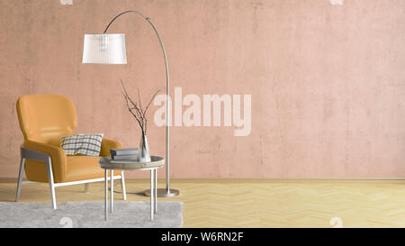 Intérieur du salon moderne avec mur de béton beige et de parquet. Copie de l'espace sur le mur. Cuir Orange fauteuil, lampe, table basse Banque D'Images