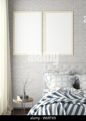 Deux affiches verticales maquette du châssis sur mur de briques blanches dans la chambre. 3d illustration Banque D'Images