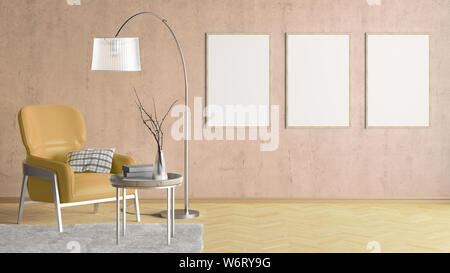 Trois affiches vertical blanc beige sur mur de béton à l'intérieur d'un salon avec un fauteuil en cuir beige, tapis, lampe de plancher et une table basse sur har Banque D'Images