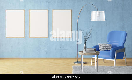 Trois affiches verticales en blanc sur bleu mur de béton à l'intérieur de salle de séjour avec un fauteuil en cuir bleu, tapis, lampe de plancher et une table basse sur hardw Banque D'Images