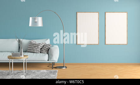 Deux affiches sur le mur vertical cyan dans l'intérieur d'un salon avec canapé en cuir bleu, tapis, lampe de plancher et une table basse sur le plancher de bois dur. Banque D'Images