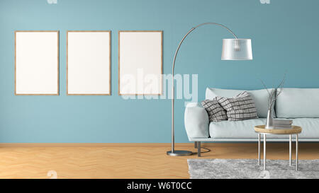 Trois affiches verticales blanches sur un mur intérieur de cyan dans salon avec canapé en cuir, tapis, lampe de plancher et une table basse sur le plancher de bois dur. 3d Banque D'Images