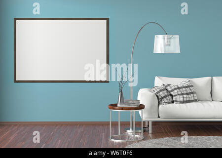 Poster horizontal blanc sur mur intérieur de cyan dans salon avec canapé en cuir blanc, tapis, lampe de plancher et une table basse sur le plancher de bois dur. 3d Banque D'Images