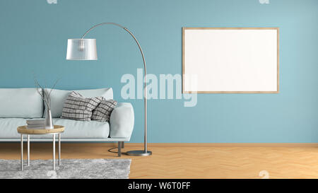 Poster horizontal blanc sur mur intérieur de cyan dans salon avec canapé en cuir, tapis, lampe de plancher et une table basse sur le plancher de bois dur. Illus 3d Banque D'Images