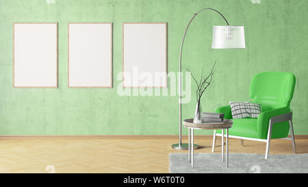 Trois affiches vertical blanc sur vert mur de béton à l'intérieur d'un salon avec un fauteuil en cuir, tapis, lampe de plancher et une table basse sur le bois dur Banque D'Images