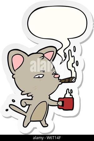 Cartoon chat sérieux avec café et cigare avec bulle sticker Illustration de Vecteur