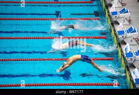 Berlin, Deutschland. 09Th Aug 2019. Fonction, démarrer, bloc de départ, le plomb 100m Ruecken les hommes sur 02.08.2019 championnats de natation 2019 allemand, à partir de la 01.08. - 04.08.2019 à Berlin/Allemagne. Utilisation dans le monde entier | Credit : dpa/Alamy Live News Banque D'Images