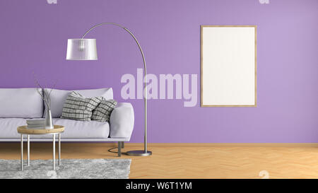 Poster vertical blanc sur mur violet à l'intérieur d'un salon avec canapé en cuir rose, tapis, lampe de plancher et une table basse sur le plancher de bois dur. 3d Banque D'Images