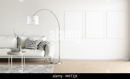 Trois affiches verticales blanches sur mur blanc à l'intérieur d'un salon avec canapé en cuir, tapis, lampe de plancher et une table basse sur le plancher de bois dur. 3d Banque D'Images