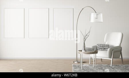 Trois affiches verticales blanches sur mur blanc à l'intérieur d'un salon avec un fauteuil en cuir, tapis, lampe de plancher et une table basse sur le plancher de bois dur. Banque D'Images