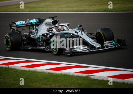 Mercedes AMG Petronas F1 Team pilote britannique Lewis Hamilton fait concurrence au cours de la première session de la pratique de l'Hungarian Grand Prix de F1. Banque D'Images