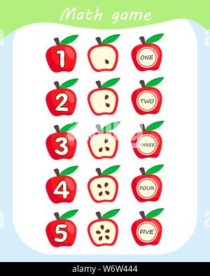 Math jeu éducatif pour les enfants. Jeu de compte pour les enfants d'âge préscolaire. Compter les pommes dans l'image. Illustration de Vecteur