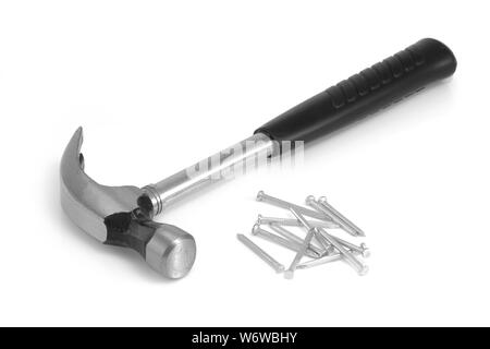 Claw hammer and nails sur fond blanc Banque D'Images