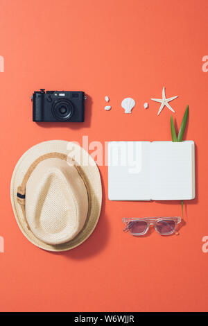 Mise à plat accessoires de plage : lunettes de soleil, un chapeau, un appareil photo avec des branches de palmier et de coquillages. Banque D'Images