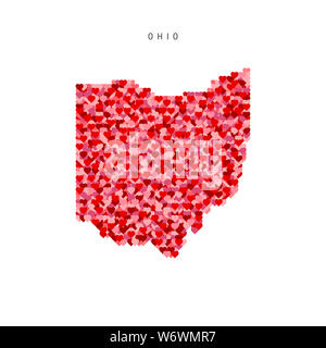 J'aime l'Ohio. Coeurs rouges et roses Pattern Map of Ohio isolé sur fond blanc. Banque D'Images