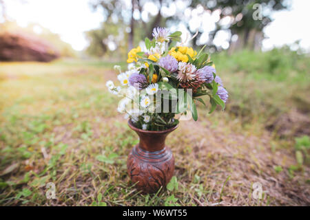 Bouquet de fleurs sauvages sauvages colorés dans un pot en argile posés sur l'herbe Banque D'Images