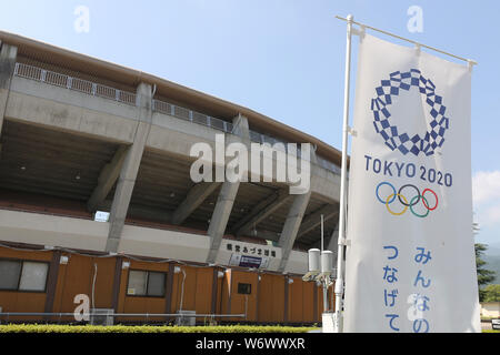 Fukushima. 3e août 2019. Photo prise le 3 août, 2019 Fukushima montre Azuma Baseball Stadium, l'un des sites des Jeux Olympiques de 2020 à Tokyo, est en cours de rénovation de Fukushima, au Japon. La principale réforme de ce Tokyo 2020 Jeux Olympiques baseball et softball lieu sera terminé le mois prochain. Crédit : Du Xiaoyi/Xinhua/Alamy Live News Banque D'Images