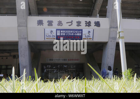 Fukushima, le Japon. 3e août 2019. Un citoyen vit à Fukushima Azuma Baseball Stadium, l'un des sites des Jeux Olympiques de Tokyo 2020, de Fukushima, au Japon, le 3 août 2019. La principale réforme de ce Tokyo 2020 Jeux Olympiques baseball et softball lieu sera terminé le mois prochain. Crédit : Du Xiaoyi/Xinhua/Alamy Live News Banque D'Images