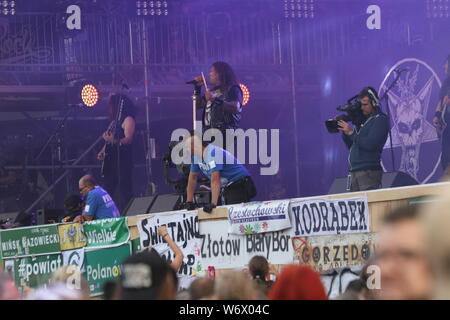 Nowy, Polen, 2 août 2019, le groupe Testament sur la scène principale.25. Pol'et'Rock Festival est le plus grand festival non commerciaux en Europe. Cette année, le festival aura lieu le 3 août dans la ville de Kostrzyn nad Odra dans l'ouest de la Pologne. Banque D'Images