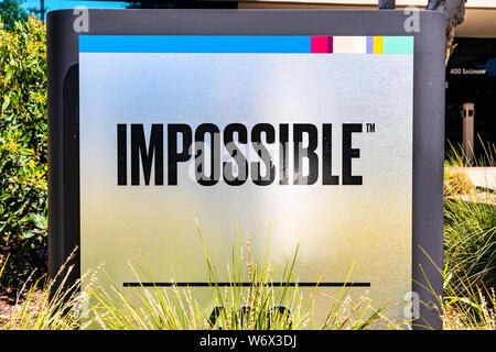 1 août, 2019 Redwood City / CA / USA - Impossible à signer les aliments leur siège de l'entreprise dans la Silicon Valley ; Impossible Foods Inc. est une entreprise qui développé Banque D'Images