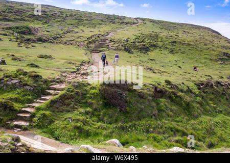 Les promeneurs de chiens sur le parc national Pembrokeshire Coast Sentier du littoral entre Whitesands Bay et St Davids Head, Pays de Galles, Royaume-Uni Banque D'Images