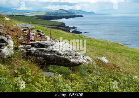 Voir à l'est le long de la côte, de Caher Conor Beehive Huts à Fahan sur la péninsule de Dingle, comté de Kerry, Irlande Banque D'Images