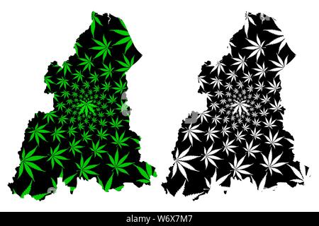 Kelantan (États et territoires fédéraux de la Malaisie, Fédération de Malaisie) la carte est conçue de feuilles de cannabis vert et noir, Kelantan Darul Naim carte m Illustration de Vecteur