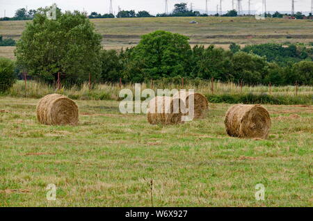 Domaine de la paille avec des balles de foin sec en face de montagnes près de la ville de Dupnitsa, Bulgaria Banque D'Images