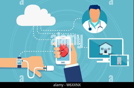 Vecteur d'un suivi des appareils modernes de soins de fréquence cardiaque du patient avec bracelet à puce et d'un téléphone mobile Illustration de Vecteur