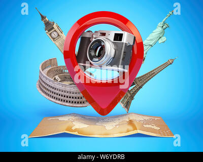 Tag geo Photo concept. Appareil photo en pointeur de la broche avec des lieux célèbres et carte du monde. Voyages et tourisme concept. 3d illustration Banque D'Images