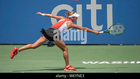 3 août 2019 : Anna Kalinskaya (RUS) perd à Jessica Mladenovic (USA) 6-3, 3-6, 6-1, à l'CitiOpen joué à Rock Creek Park Tennis Center à Washington, DC, . © Leslie Billman/Tennisclix/CSM Crédit : Cal Sport Media/Alamy Live News Banque D'Images