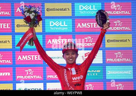 Londres, Royaume-Uni. 3 août 2019. Coryn Rivera (Équipe Sunweb) a terminé troisième. Des femmes motocyclistes participent à la Prudential RideLondon Classique avec départ et arrivée sur le Mall. 16 des meilleurs équipes professionnelles race 20 tours d'un circuit de 3.4km autour de St James's Park et Constitution Hill sur une distance de 68km. Classé comme l'un des meilleurs événements UCI WorldTour de femmes, prix en argent est la plus importante jamais pour une course d'une journée de la femme, égale à celle de la race des hommes un jour le jour suivant, la Prudential RideLondon-Surrey Classic. Crédit : Stephen Chung / Alamy Live News Banque D'Images