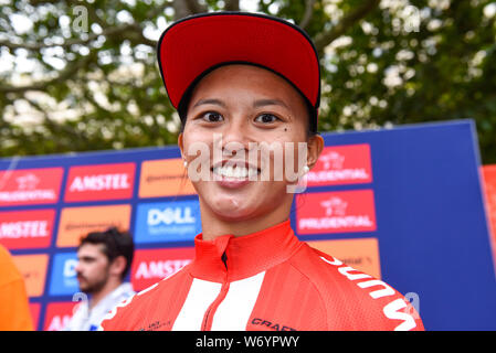 Londres, Royaume-Uni. 3 août 2019. Coryn Rivera (Équipe Sunweb) a terminé troisième. Des femmes motocyclistes participent à la Prudential RideLondon Classique avec départ et arrivée sur le Mall. 16 des meilleurs équipes professionnelles race 20 tours d'un circuit de 3.4km autour de St James's Park et Constitution Hill sur une distance de 68km. Classé comme l'un des meilleurs événements UCI WorldTour de femmes, prix en argent est la plus importante jamais pour une course d'une journée de la femme, égale à celle de la race des hommes un jour le jour suivant, la Prudential RideLondon-Surrey Classic. Crédit : Stephen Chung / Alamy Live News Banque D'Images