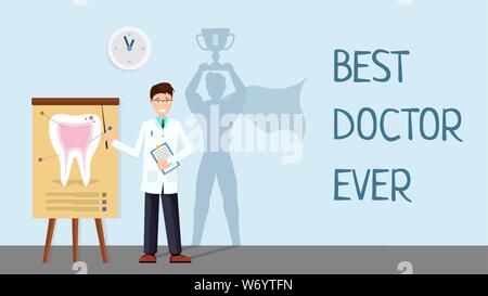 Meilleur médecin jamais vector modèle de page. Super-héros de l'hôpital, confiant beau dentiste debout avec ombre personnage de super-héros. Médecin qualifié, la médecine et les soins de santé Illustration de Vecteur