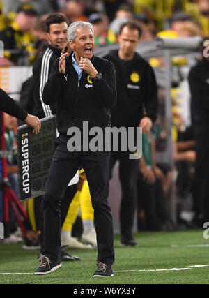Dortmund, Allemagne. 06Th Aug 2019. Soccer : DFL Supercup, Borussia Dortmund - Bayern Munich en parc Signal Iduna. Dortmund entraîneur Lucien Favre cheers sur la ligne latérale. Credit : Marius Becker/dpa/Alamy Live News Banque D'Images